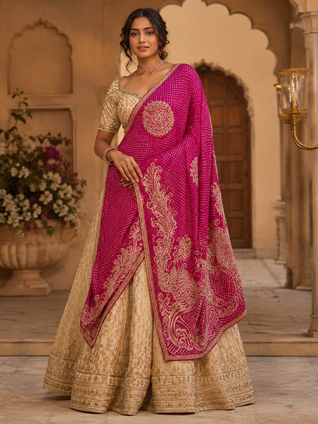 Handcrafted Gajji Silk Handwork Dupatta with Traditional Paisley & Bandhani-Inspired Embroidery