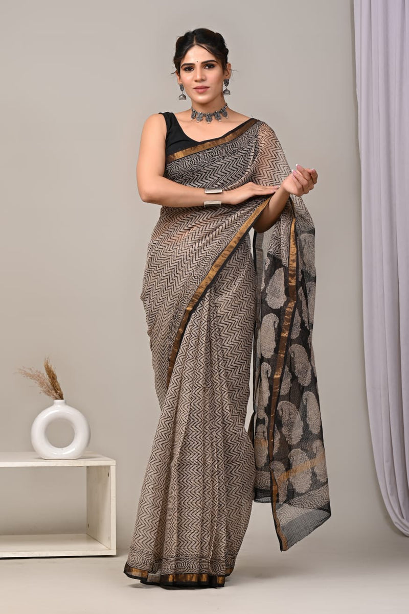 RangBagru Hand Block Printed Kota Doriya Saree with Blouse Piece