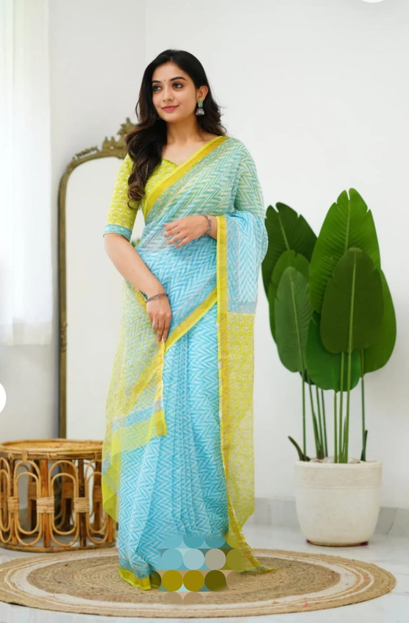 RangBagru Hand Block Printed Kota Doriya Saree with Blouse Piece