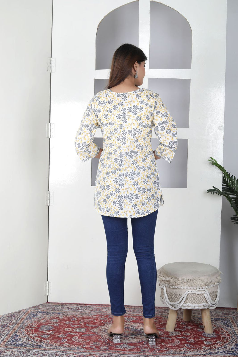 Women Yellow Floral Cotton Short Kurta