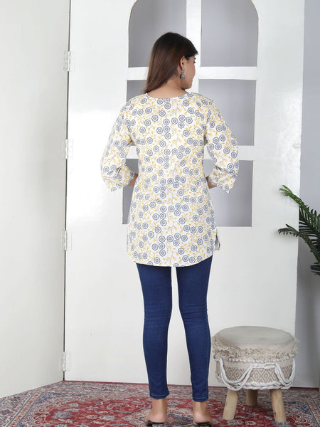 Women Yellow Floral Cotton Short Kurta