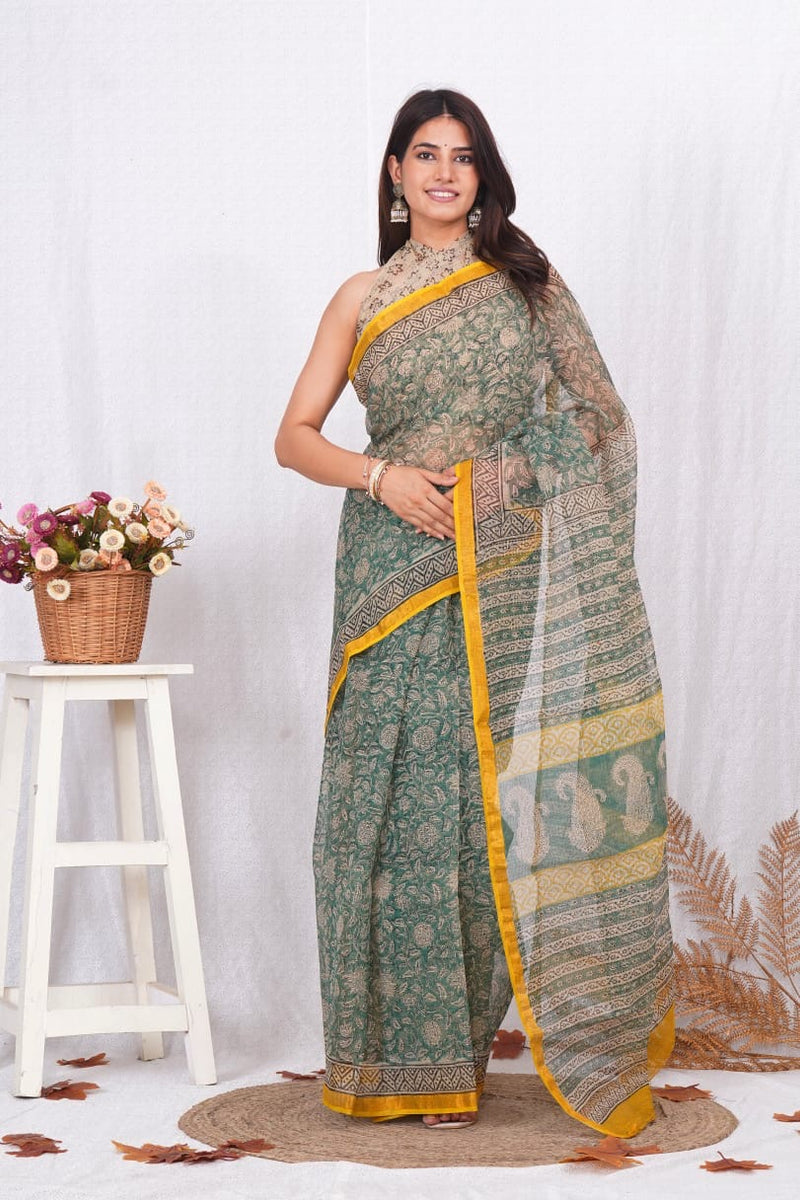 RangBagru Hand Block Printed Kota Doriya Saree with Blouse Piece