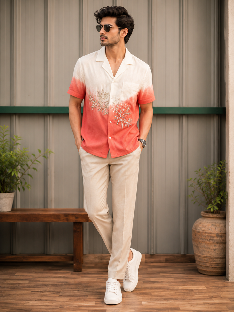 Rasrainaa Men’s Ivory & Coral Ombre Embroidered Resort Shirt | Premium Cotton Casual Summer Wear