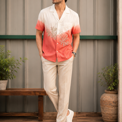 Rasrainaa Men’s Ivory & Coral Ombre Embroidered Resort Shirt | Premium Cotton Casual Summer Wear