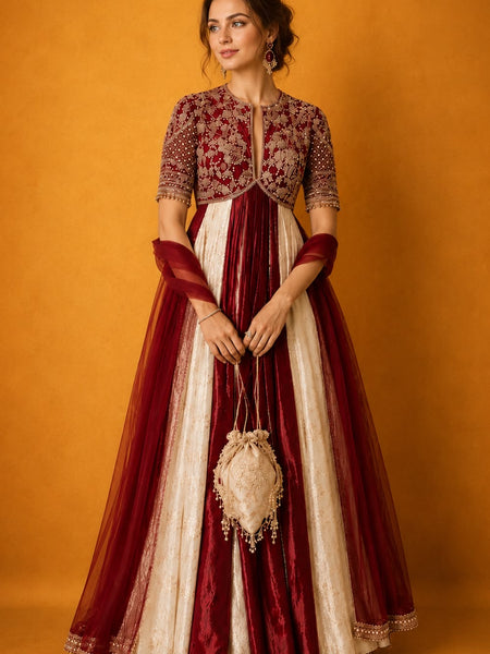 Rasrainaa Noor-e-Mehfil Embroidered Flared Anarkali Gown with Dupatta | Designer Festive Wear