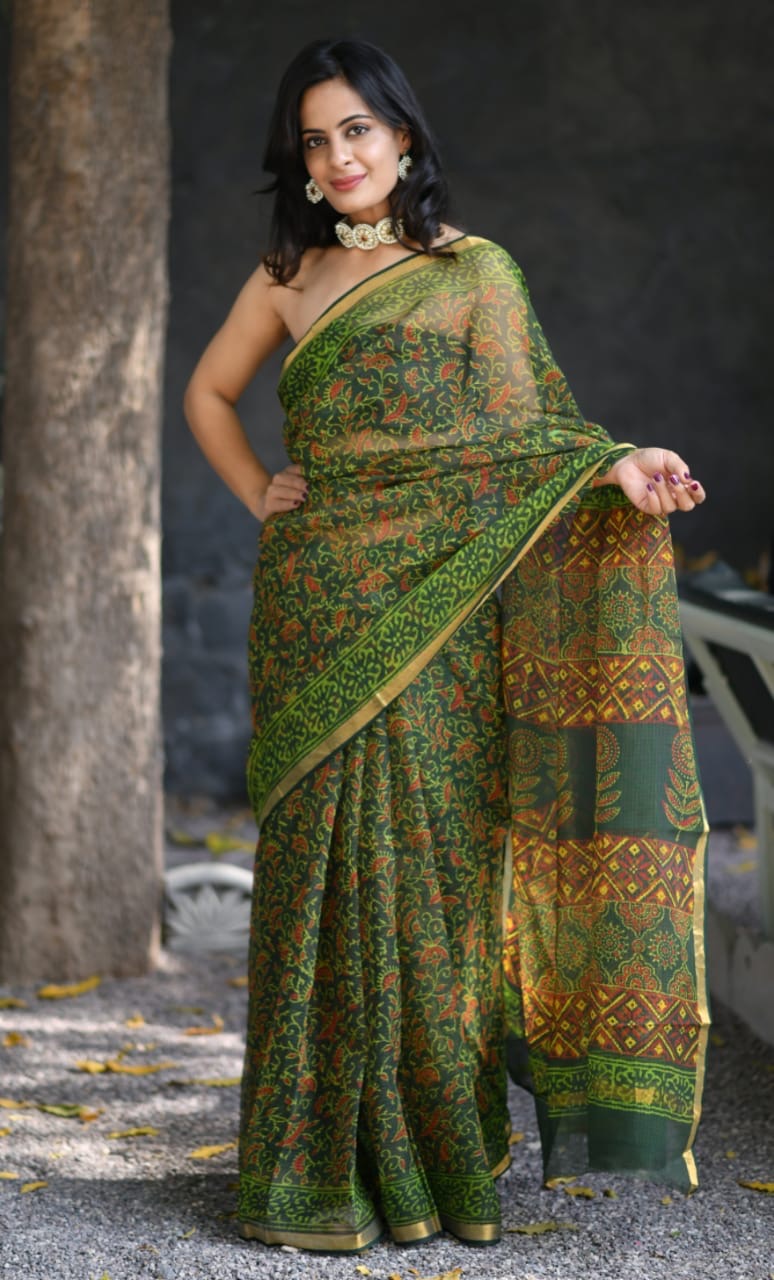 RangBagru Hand Block Printed Kota Doriya Saree with Blouse Piece