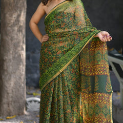 RangBagru Hand Block Printed Kota Doriya Saree with Blouse Piece