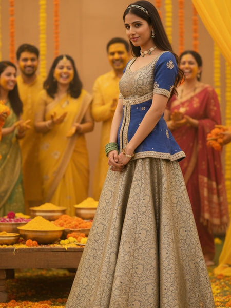 Heritage Gold Embroidered Blue Festive lehanga set