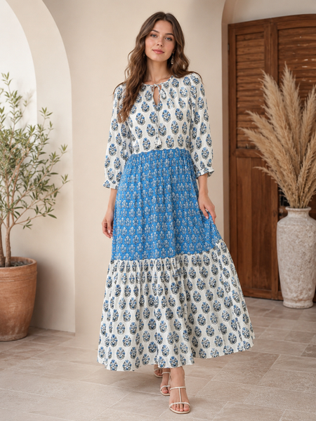 Blue Meadow Cotton Maxi Dress – Hand Block Print | Boho Summer Dress