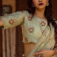Mint Elegance – Embroidered Silk Saree with Intricate Floral Handwork