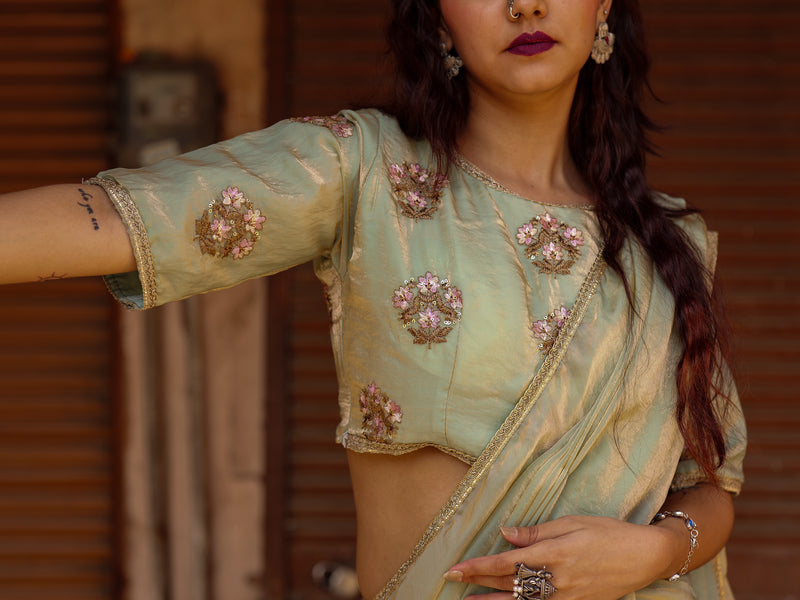 Mint Elegance – Embroidered Silk Saree with Intricate Floral Handwork
