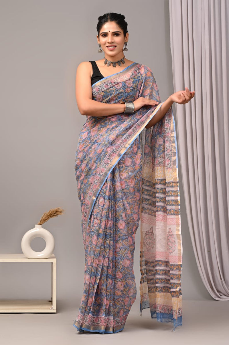 RangBagru Hand Block Printed Kota Doriya Saree with Blouse Piece