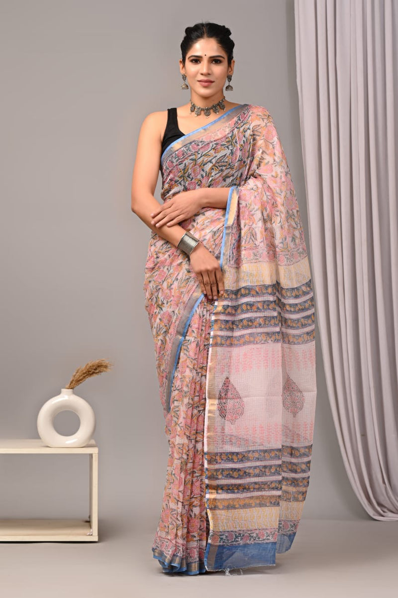 RangBagru Hand Block Printed Kota Doriya Saree with Blouse Piece