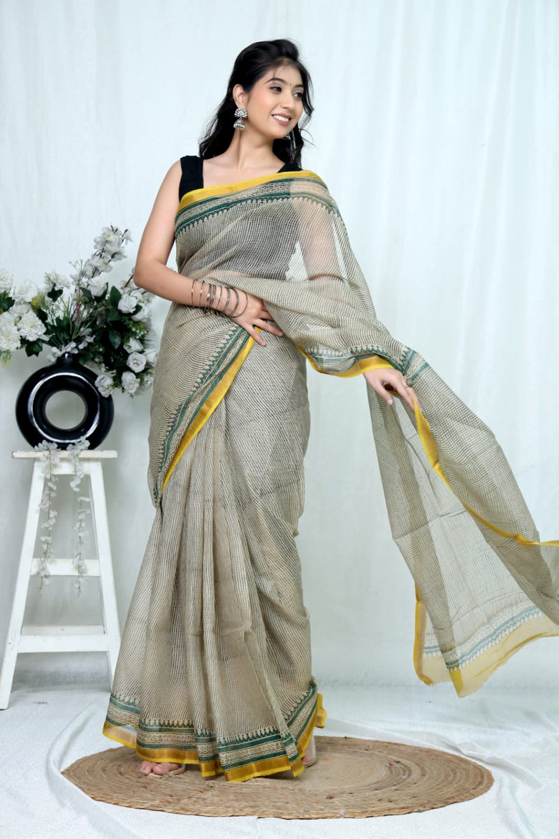 RangBagru Hand Block Printed Kota Doriya Saree with Blouse Piece