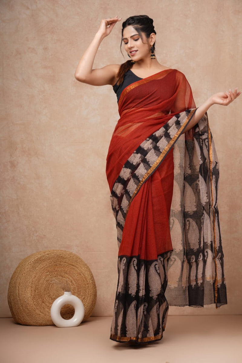 RangBagru Hand Block Printed Kota Doriya Saree with Blouse Piece