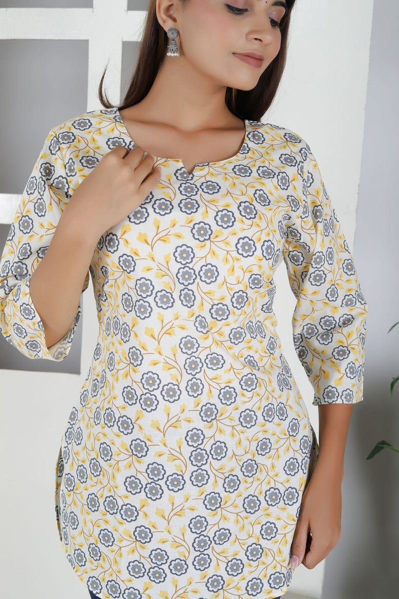 Women Yellow Floral Cotton Short Kurta