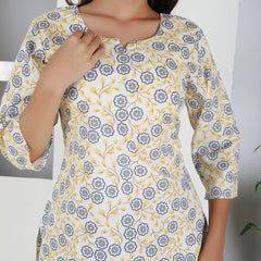 Women Yellow Floral Cotton Short Kurta