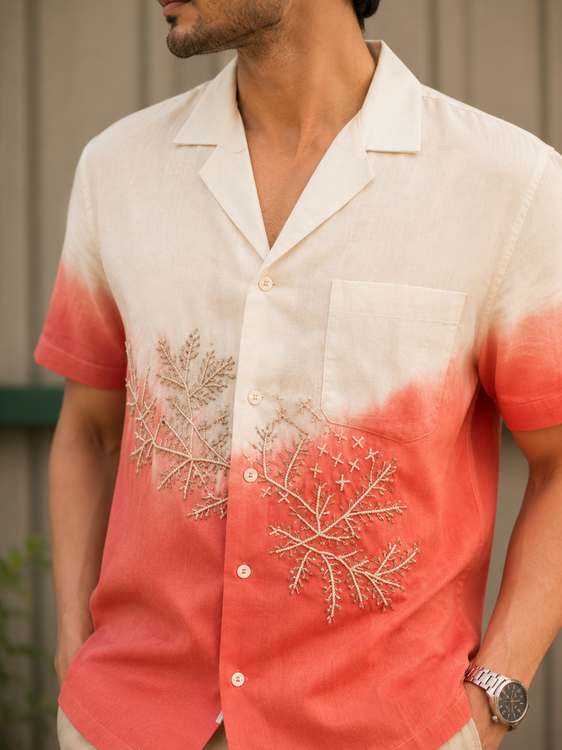 Rasrainaa Men’s Ivory & Coral Ombre Embroidered Resort Shirt | Premium Cotton Casual Summer Wear