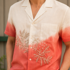 Rasrainaa Men’s Ivory & Coral Ombre Embroidered Resort Shirt | Premium Cotton Casual Summer Wear