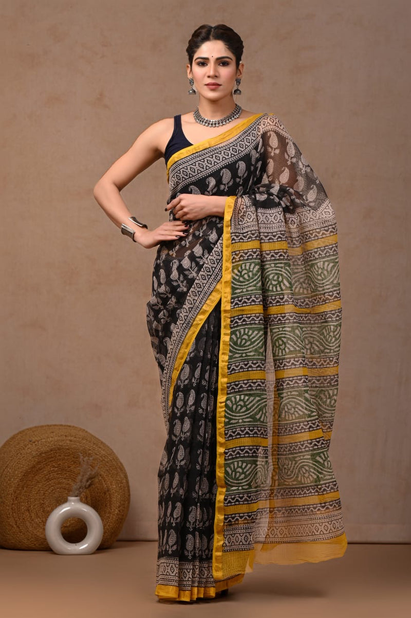 RangBagru Hand Block Printed Kota Doriya Saree with Blouse Piece