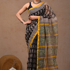 RangBagru Hand Block Printed Kota Doriya Saree with Blouse Piece