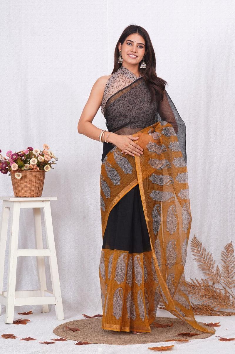 RangBagru Hand Block Printed Kota Doriya Saree with Blouse Piece