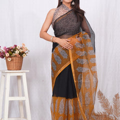 RangBagru Hand Block Printed Kota Doriya Saree with Blouse Piece