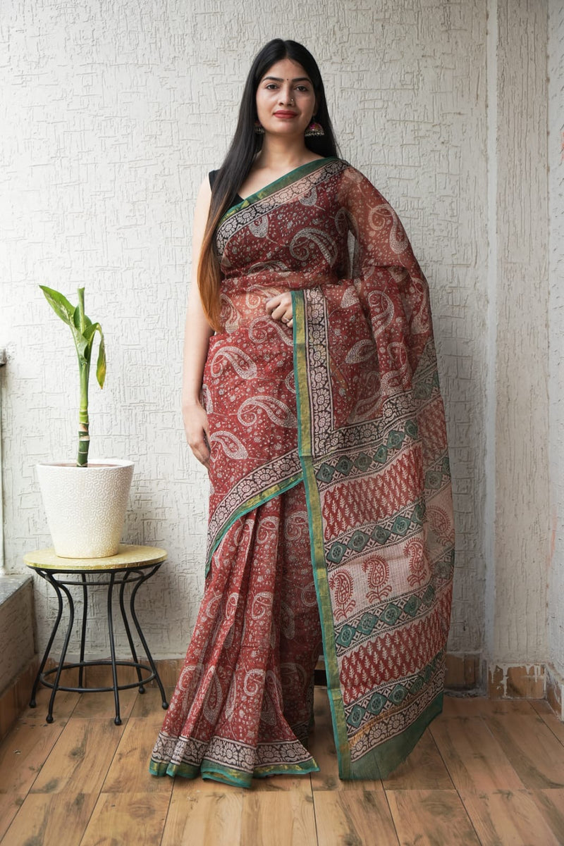 RangBagru Hand Block Printed Kota Doriya Saree with Blouse Piece
