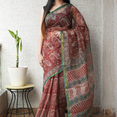 RangBagru Hand Block Printed Kota Doriya Saree with Blouse Piece