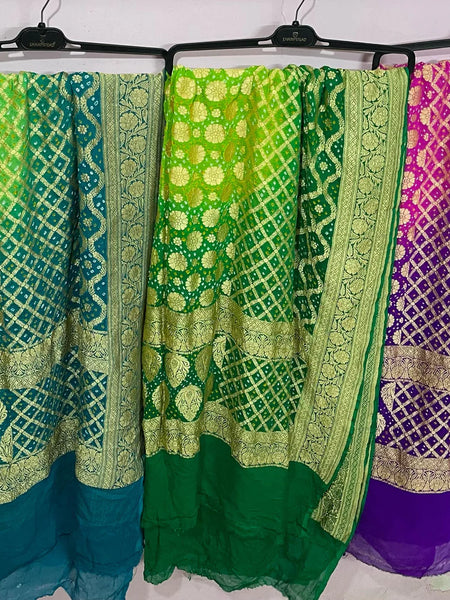 Bandhani Dupatta-Gharchola and Neemjhari print (Blue - Green)