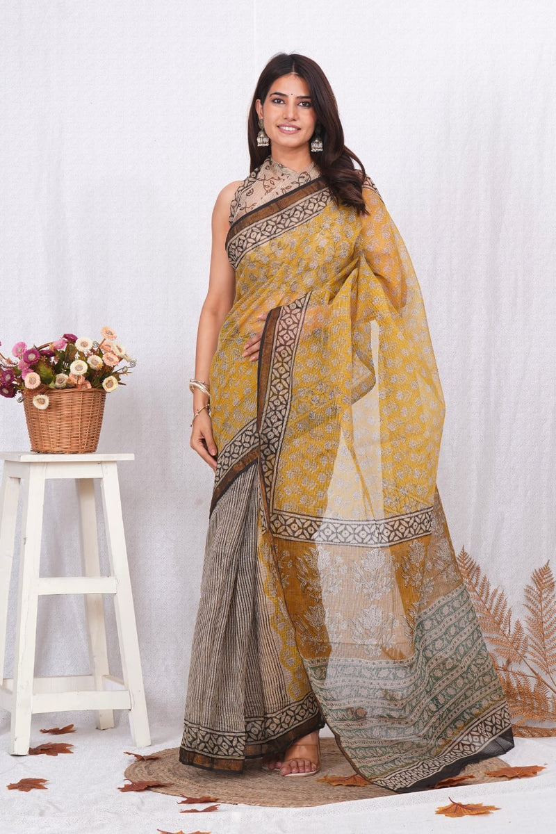 RangBagru Hand Block Printed Kota Doriya Saree with Blouse Piece