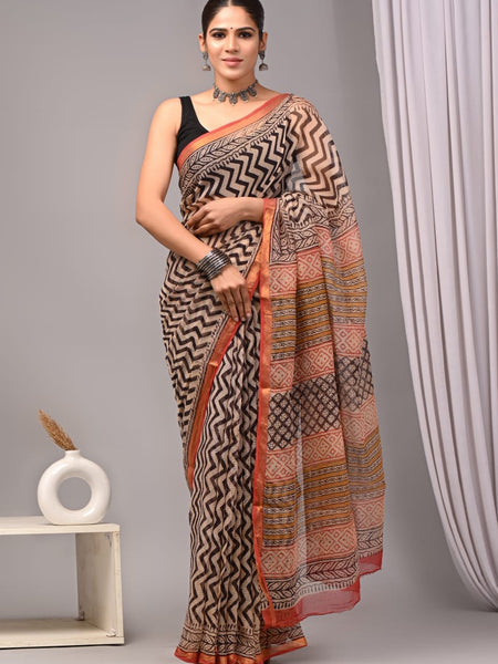 RangBagru Hand Block Printed Kota Doriya Saree with Blouse Piece