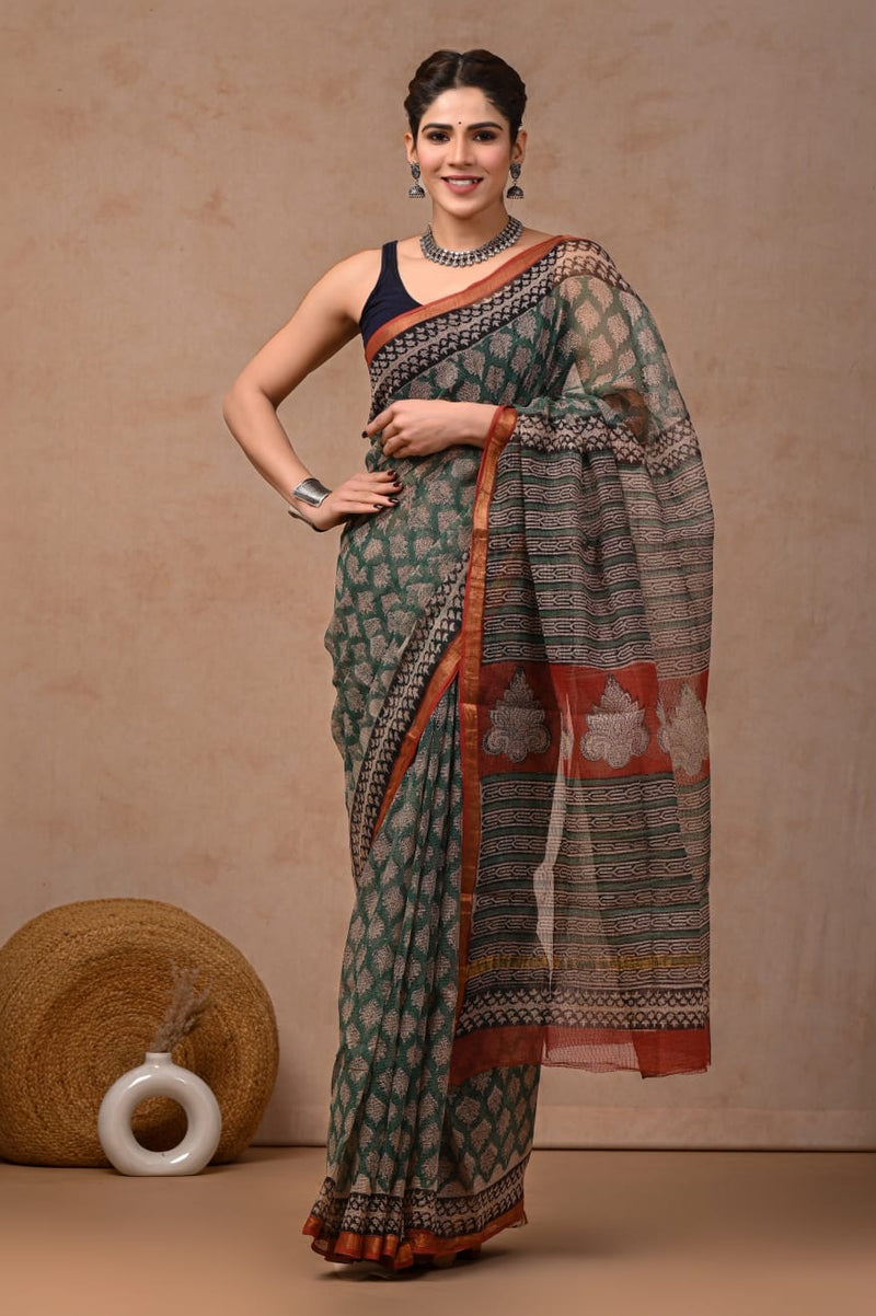 RangBagru Hand Block Printed Kota Doriya Saree with Blouse Piece