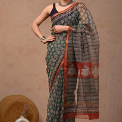 RangBagru Hand Block Printed Kota Doriya Saree with Blouse Piece