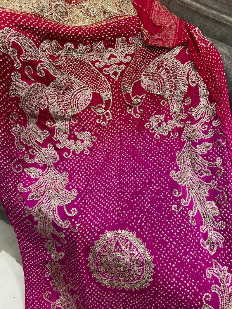 Handcrafted Gajji Silk Handwork Dupatta with Traditional Paisley & Bandhani-Inspired Embroidery