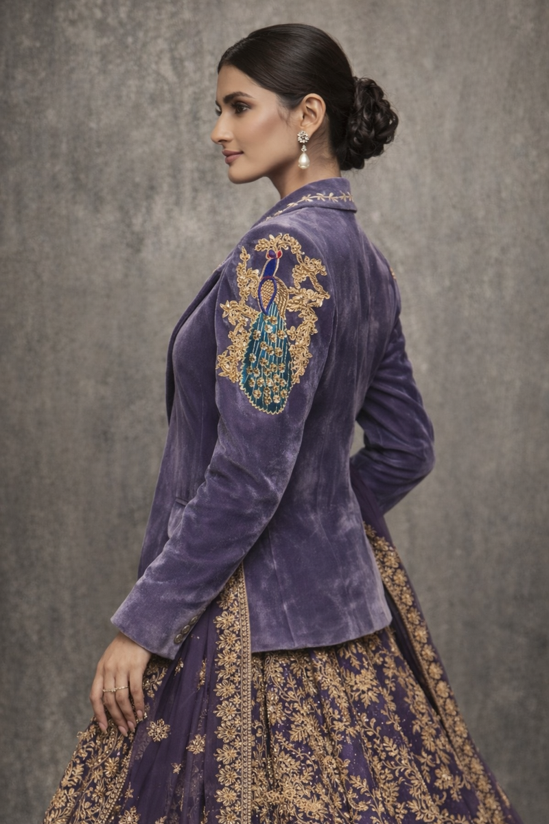 Women Lavender Velvet Embroidered Blazer