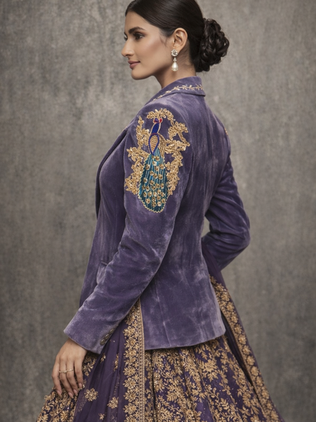 Women Lavender Velvet Embroidered Blazer