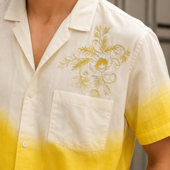 Rasrainaa Men’s White & Sunshine Yellow Ombre Embroidered Resort Shirt | Premium Cotton Summer Wearing