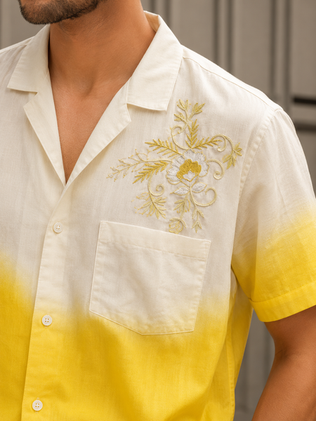 Rasrainaa Men’s White & Sunshine Yellow Ombre Embroidered Resort Shirt | Premium Cotton Summer Wearing
