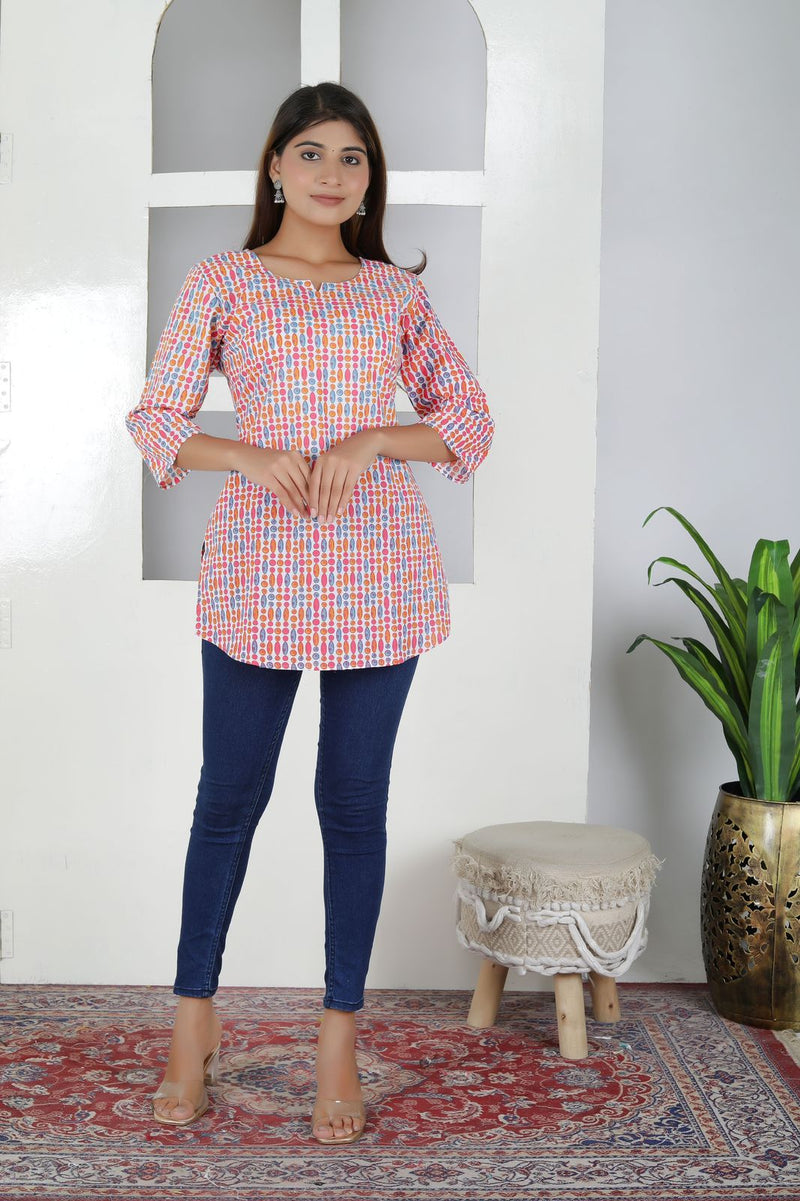 Women Multi Dot Cotton Short Kurta