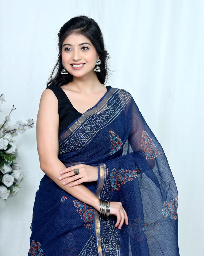 RangBagru Hand Block Printed Kota Doriya Saree with Blouse Piece