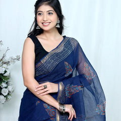 RangBagru Hand Block Printed Kota Doriya Saree with Blouse Piece