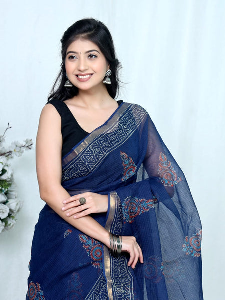 RangBagru Hand Block Printed Kota Doriya Saree with Blouse Piece