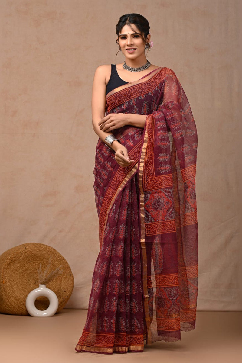 RangBagru Hand Block Printed Kota Doriya Saree with Blouse Piece