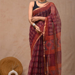 RangBagru Hand Block Printed Kota Doriya Saree with Blouse Piece