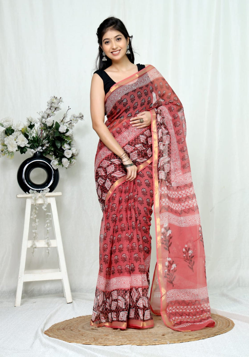 RangBagru Hand Block Printed Kota Doriya Saree with Blouse Piece