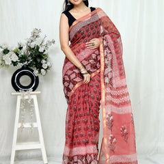 RangBagru Hand Block Printed Kota Doriya Saree with Blouse Piece