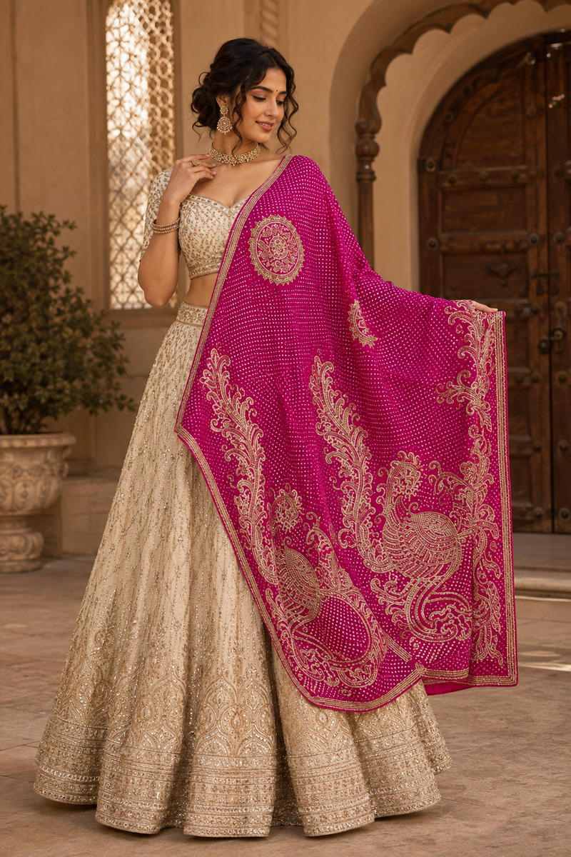 Handcrafted Gajji Silk Handwork Dupatta with Traditional Paisley & Bandhani-Inspired Embroidery