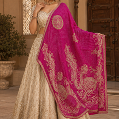 Handcrafted Gajji Silk Handwork Dupatta with Traditional Paisley & Bandhani-Inspired Embroidery