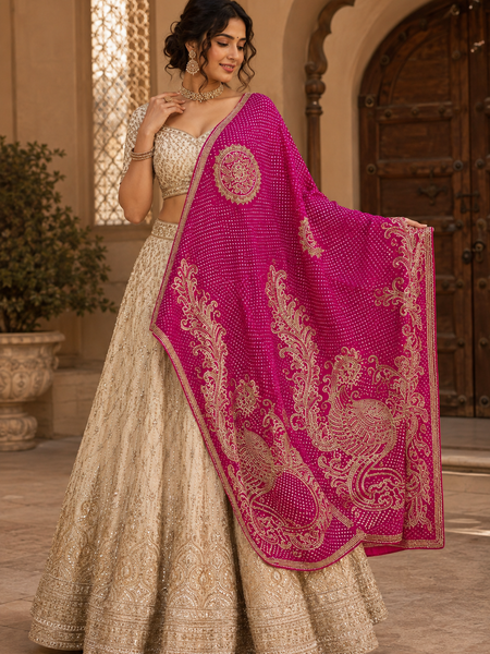 Handcrafted Gajji Silk Handwork Dupatta with Traditional Paisley & Bandhani-Inspired Embroidery